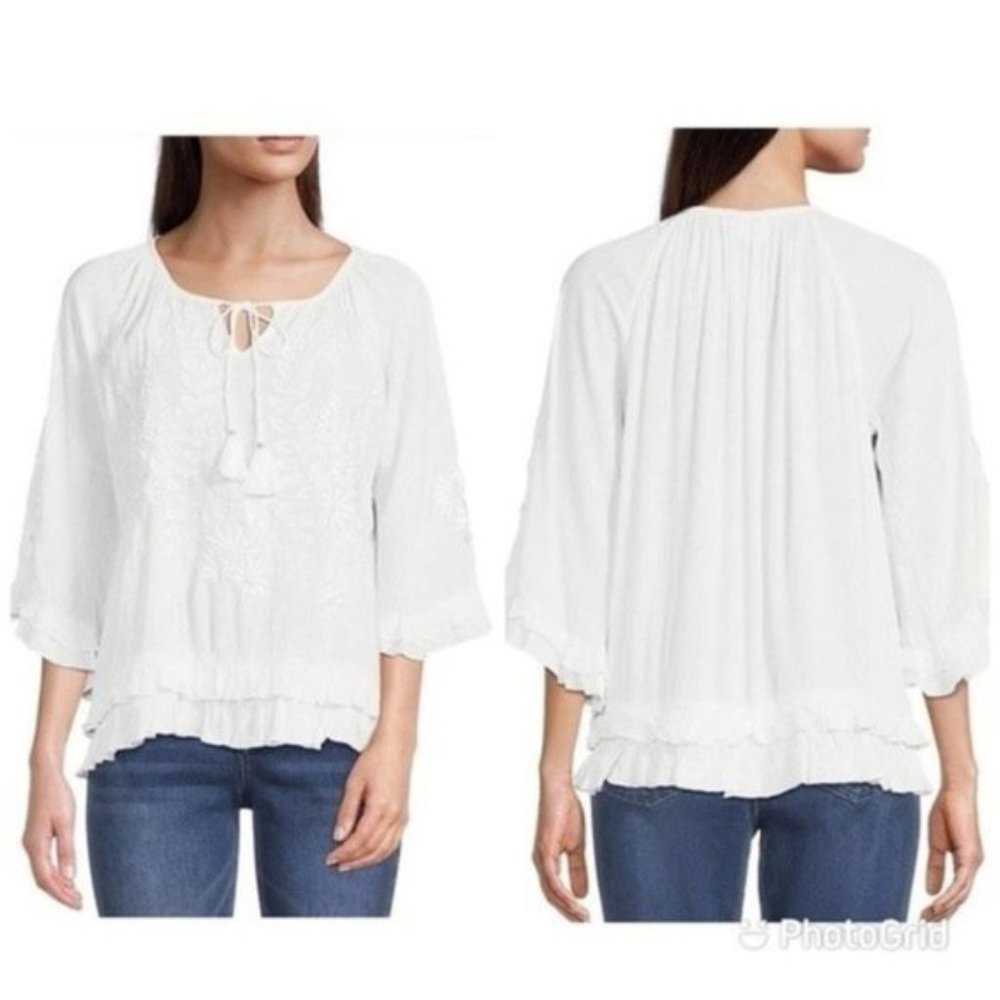 anthropologie Akemi + kin white embroidery boho ruffle sleeves sheer top size xs